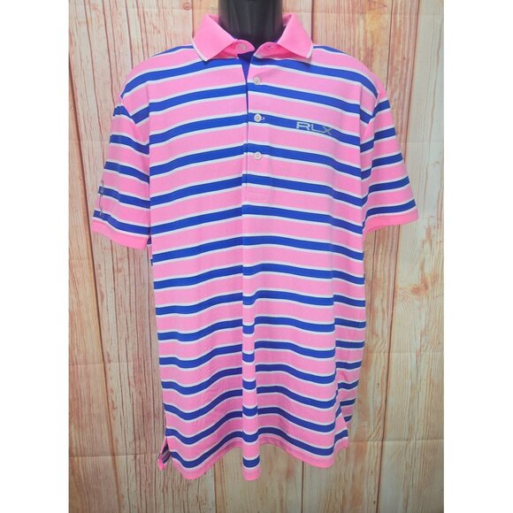 Rlx Ralph Lauren Pink & Blue Striped Polo Shirt Mens Medium Polyester Stretch - Picture 1 of 8